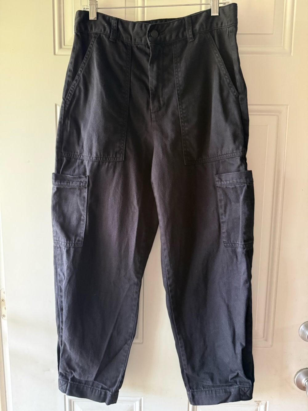 Woman’s Black Denim Barrel Cargo Utility Ankle/Crop Pants